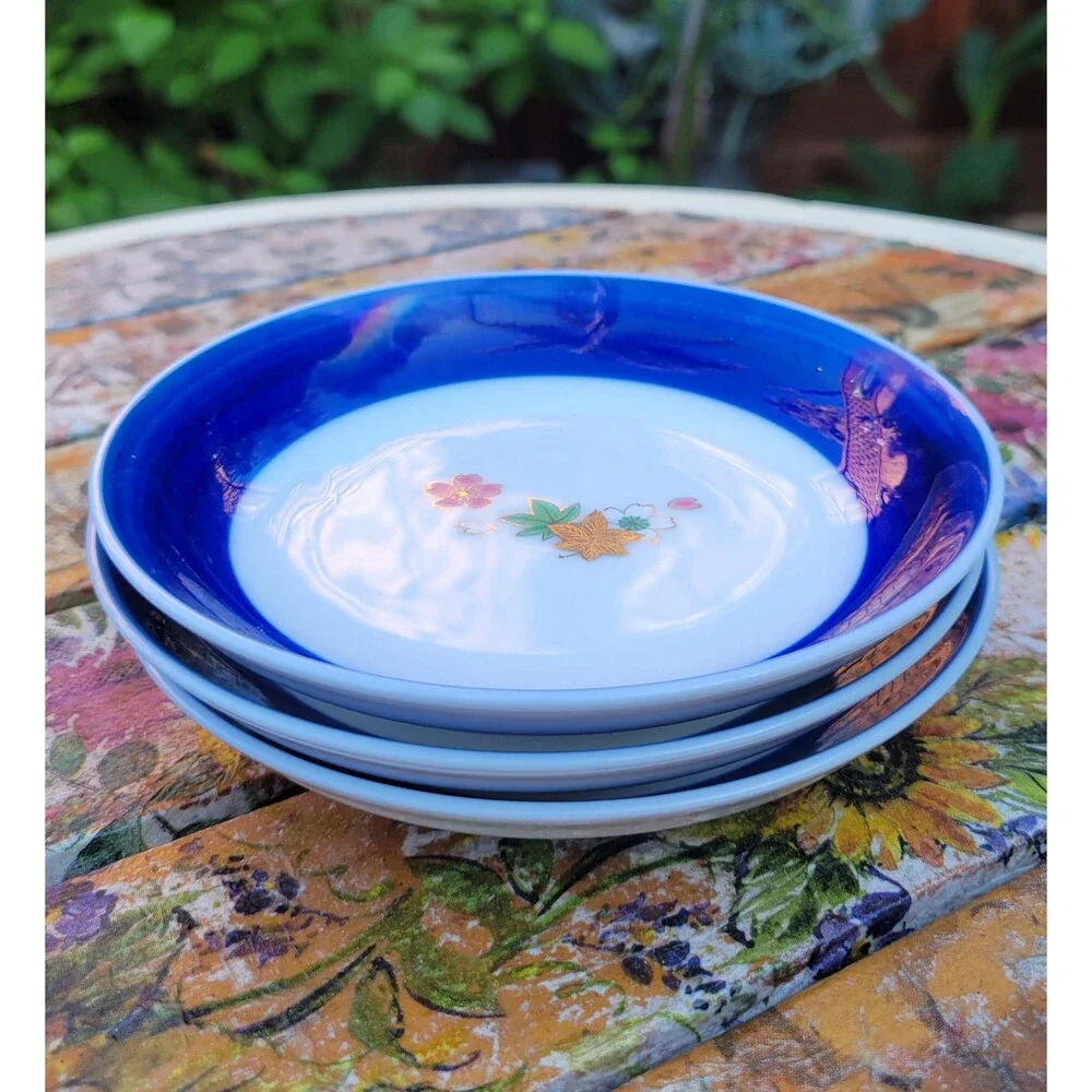 Blue Rimmed  Japanese Cherry Blossoms Porcelain Bowls - Set of 3